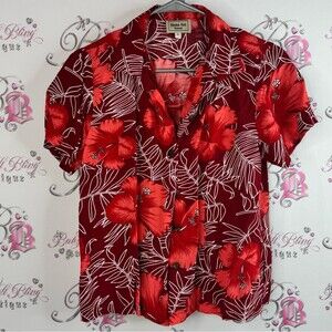 Aloha hut Hawaii button up tshirt tee Hibiscus Red Floral Button Down Shirt